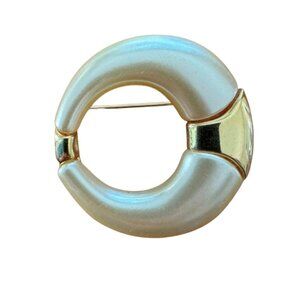 Napier Signed Gold Tone Faux Pearl Round Brooch Pin Vintage